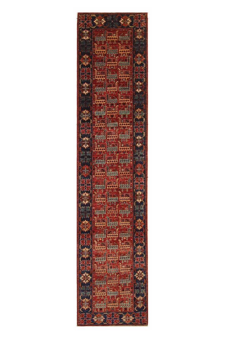 Hand Knotted Afghani Fine Aryana Rectangle Runner in red