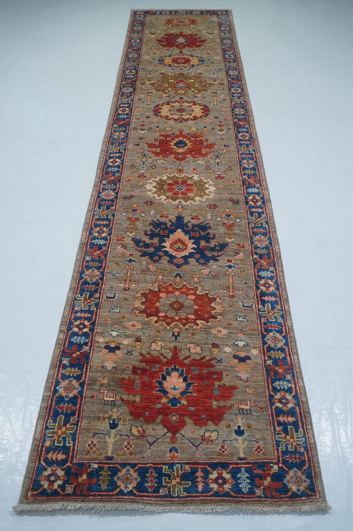 Hand Knotted Afghani Fine Aryana Rectangle Runner in beige 