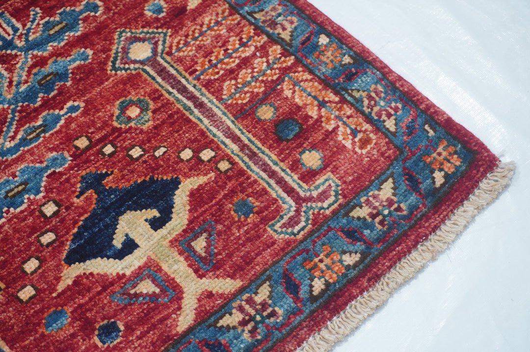 Hand Knotted Afghani Fine Aryana Rectangle Runner in red