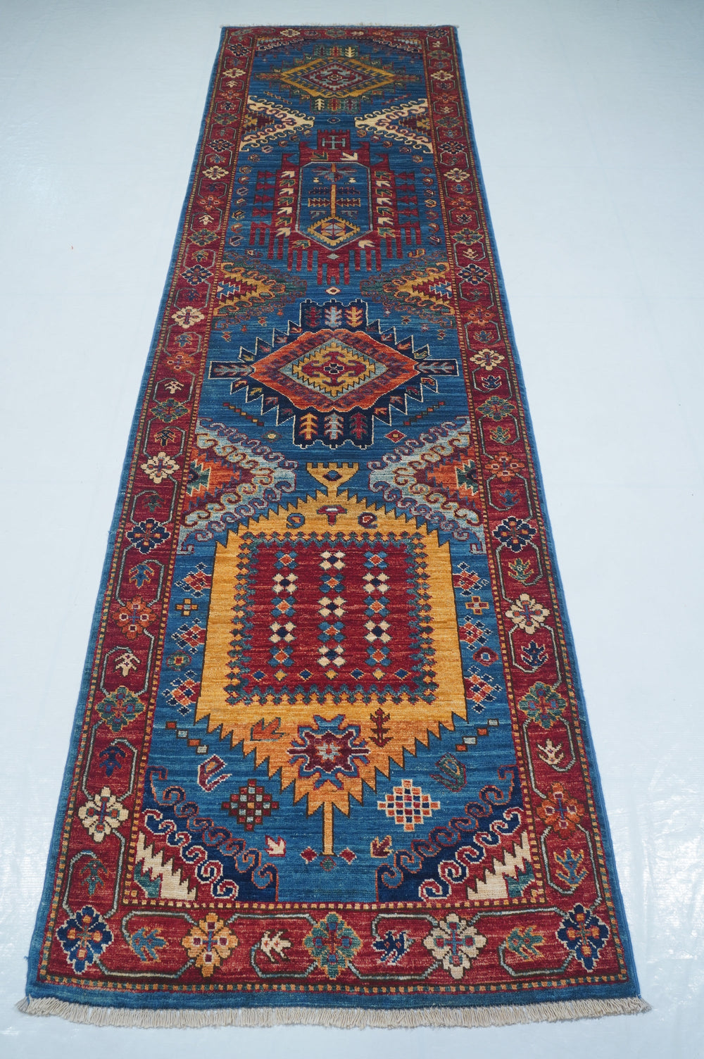 Hand Knotted Afghani Fine Aryana Rectangle Runner in blue