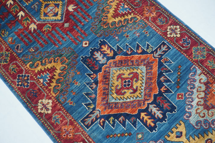 Hand Knotted Afghani Fine Aryana Rectangle Runner in blue