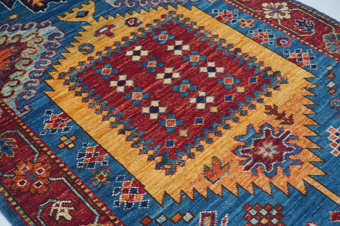 Hand Knotted Afghani Fine Aryana Rectangle Runner in blue