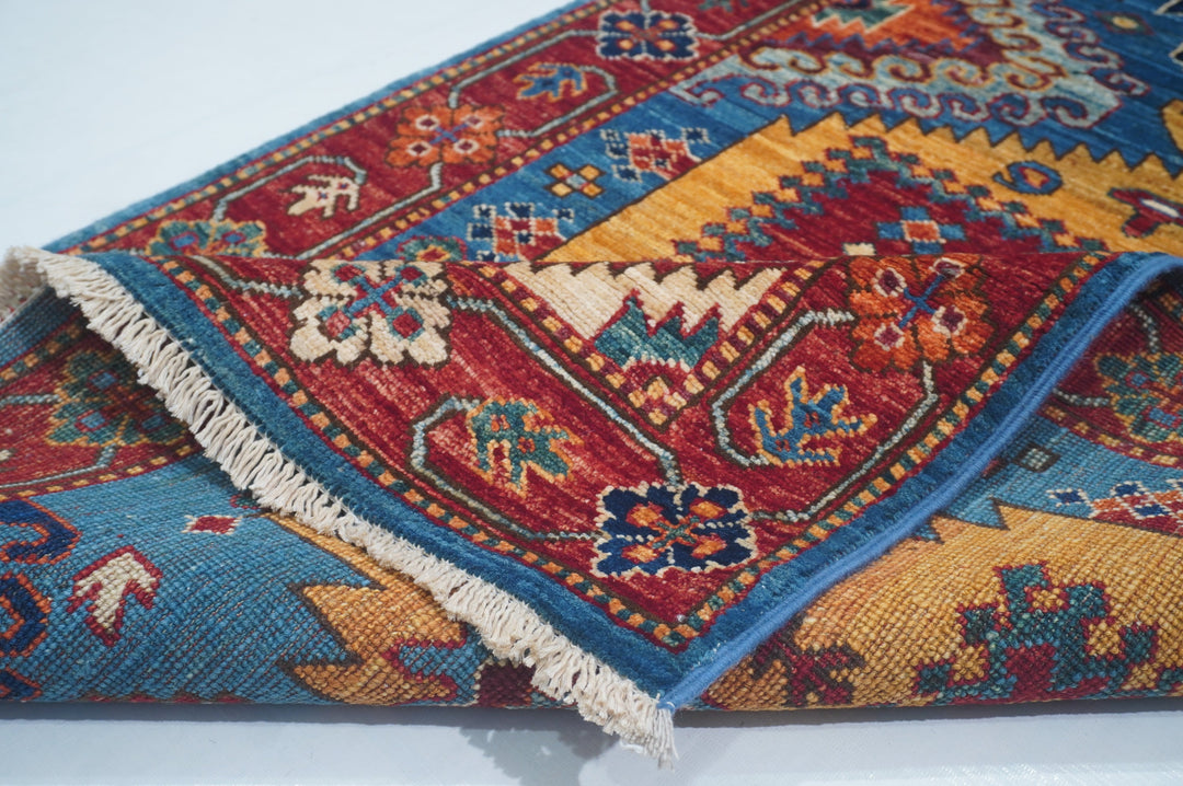 Hand Knotted Afghani Fine Aryana Rectangle Runner in blue