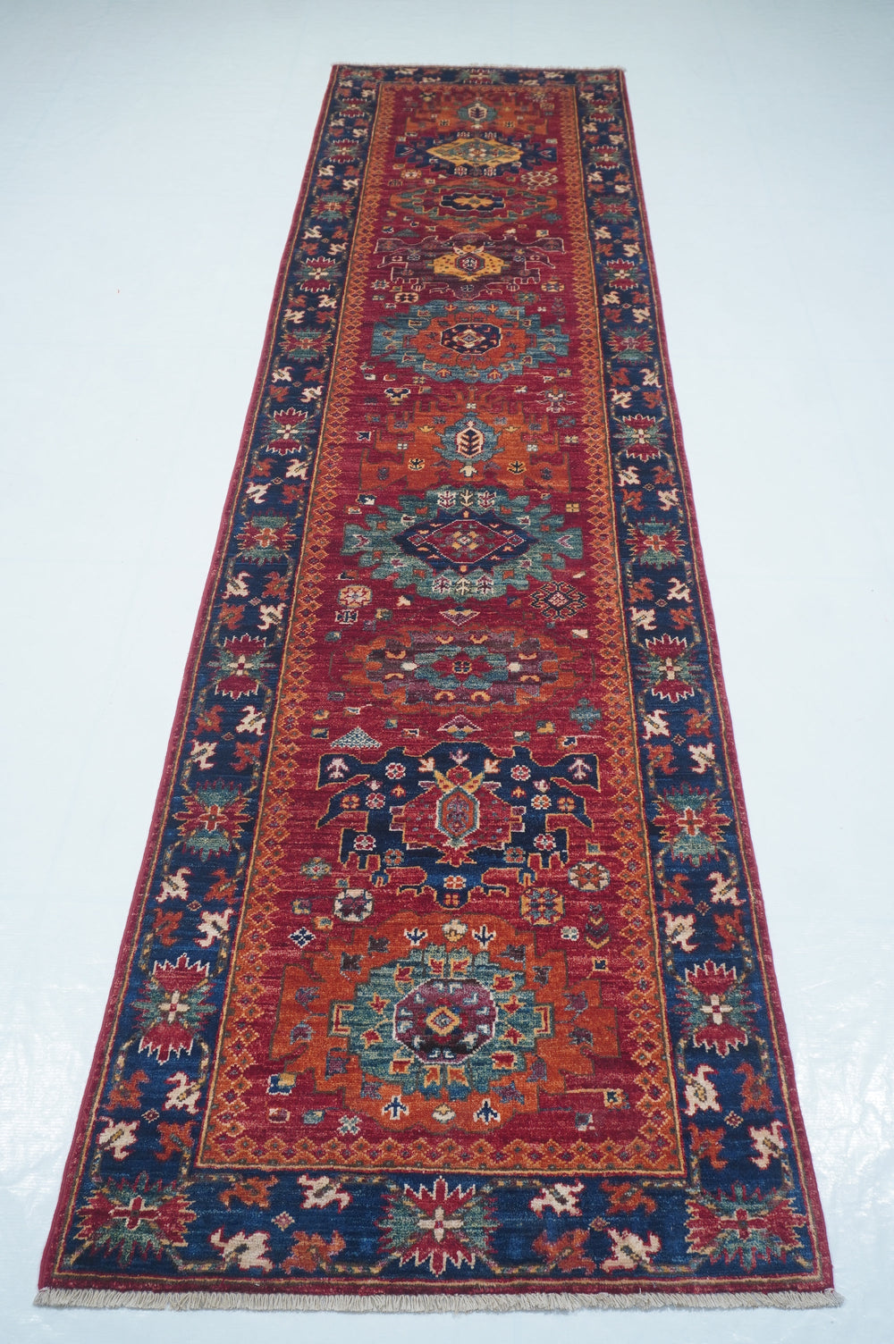 Hand Knotted Afghani Fine Aryana Rectangle Runner in red 