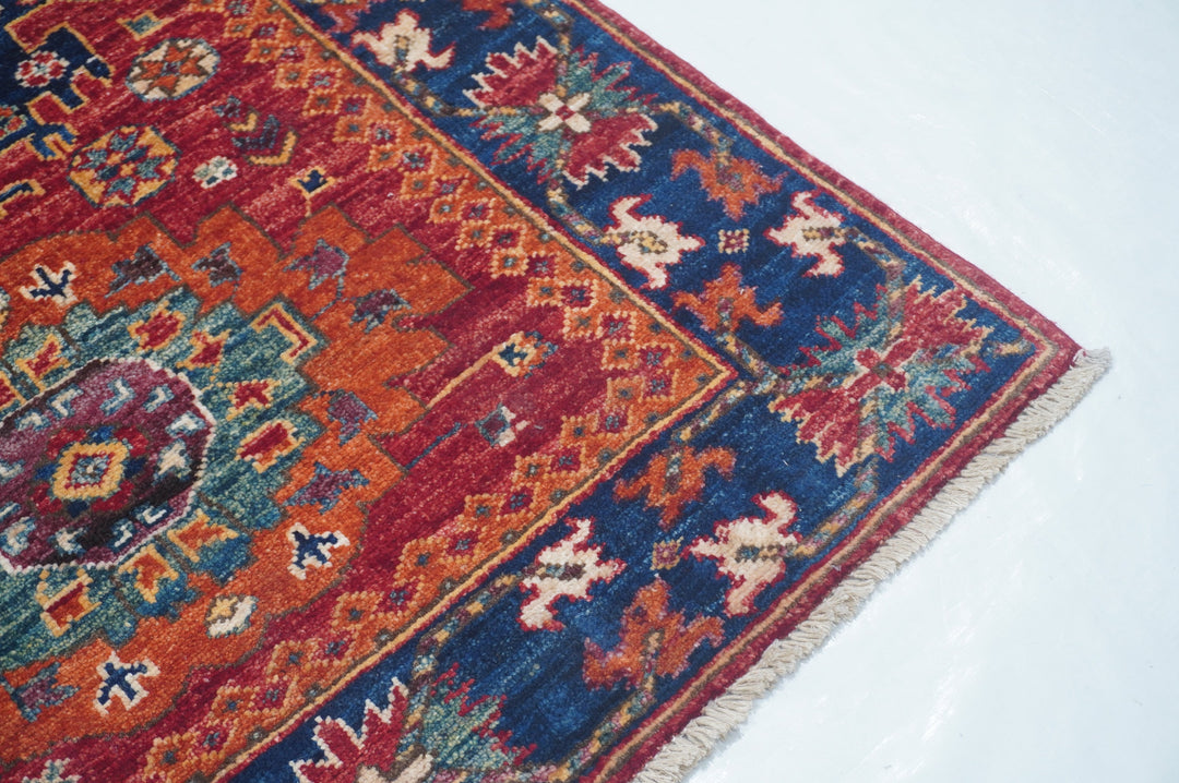 Hand Knotted Afghani Fine Aryana Rectangle Runner in red 