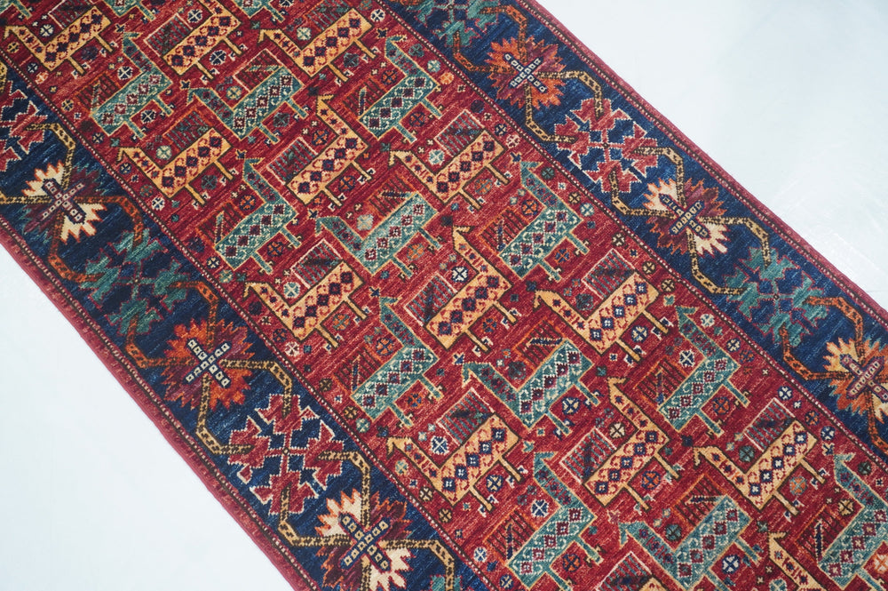 Hand Knotted Afghani Fine Aryana Rectangle Runner in red 