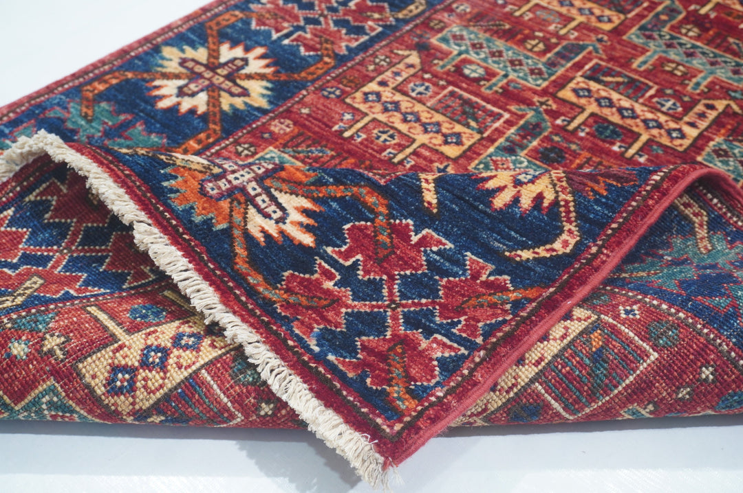 Hand Knotted Afghani Fine Aryana Rectangle Runner in red 