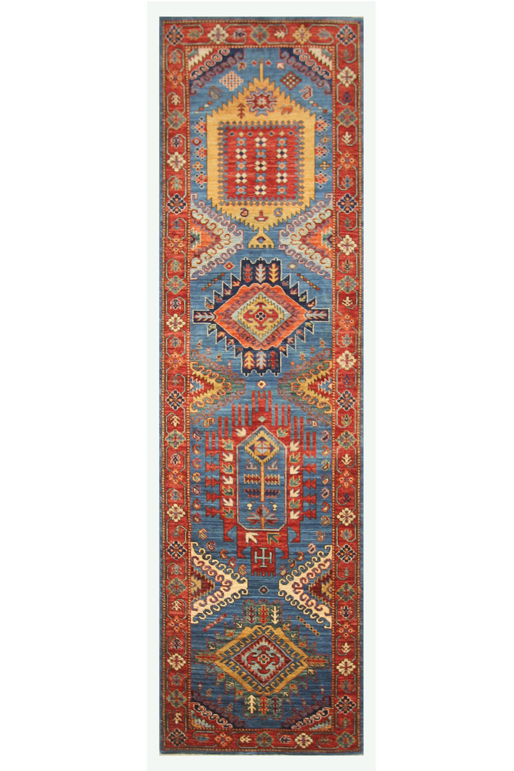 Hand Knotted Afghani Fine Aryana Rectangle Runner in blue