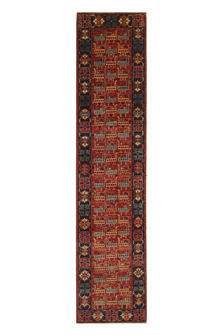 Hand Knotted Afghani Fine Aryana Rectangle Runner in red 