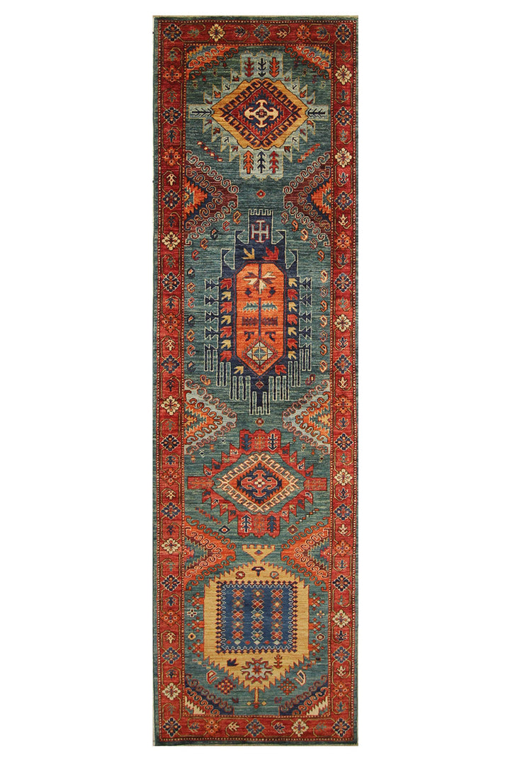 Hand Knotted Afghani Fine Aryana Rectangle Runner in Blue 