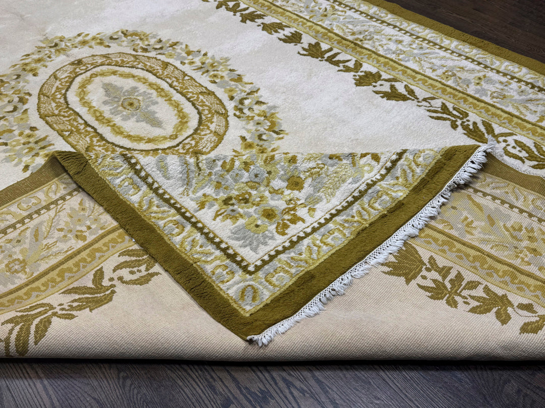 French Aubusson Wool Rug in Beige