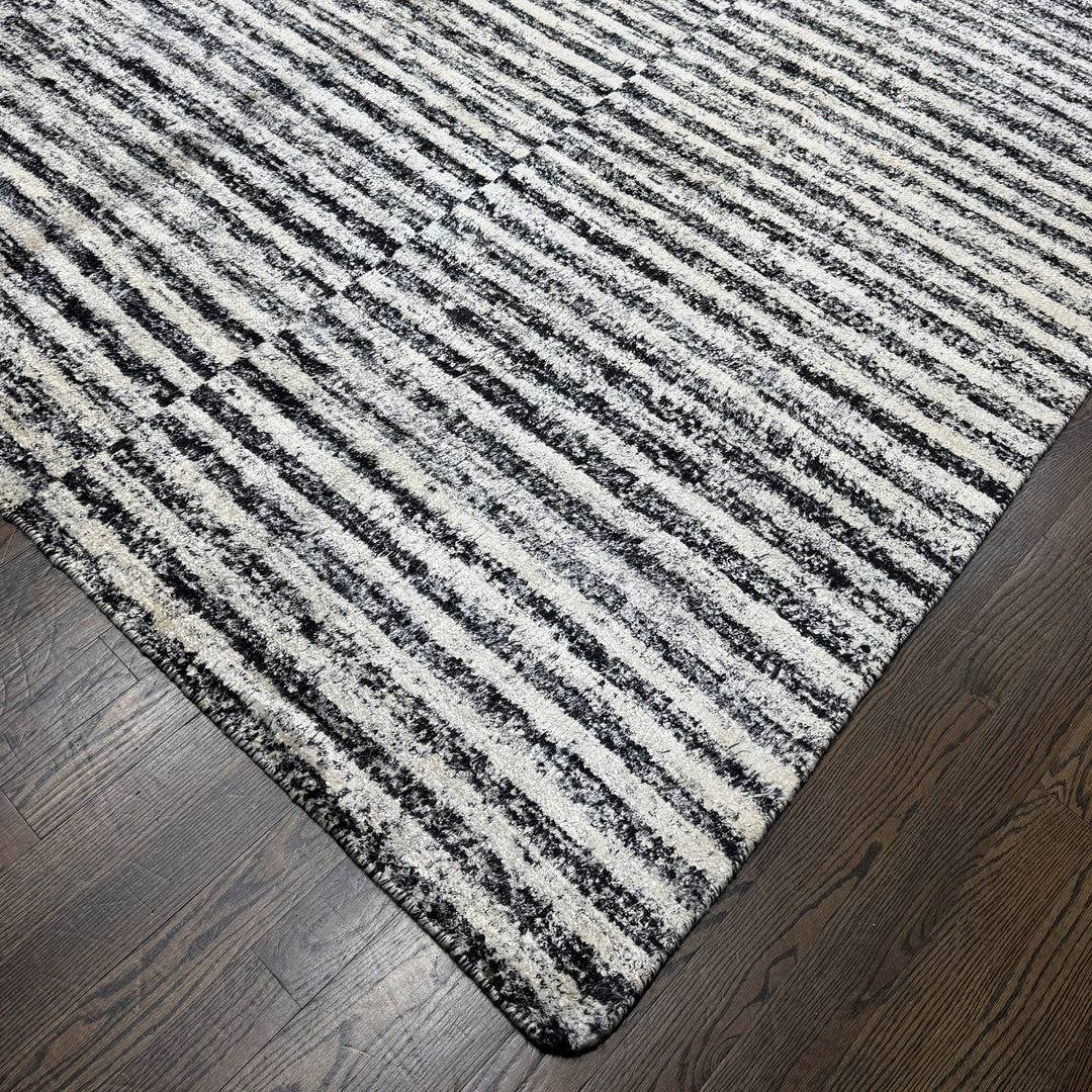 White & Black Striped Handmade Modern Indian Viscose Rug