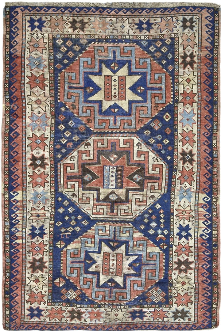 Antique Blue and Red Caucasian Kazak Rug