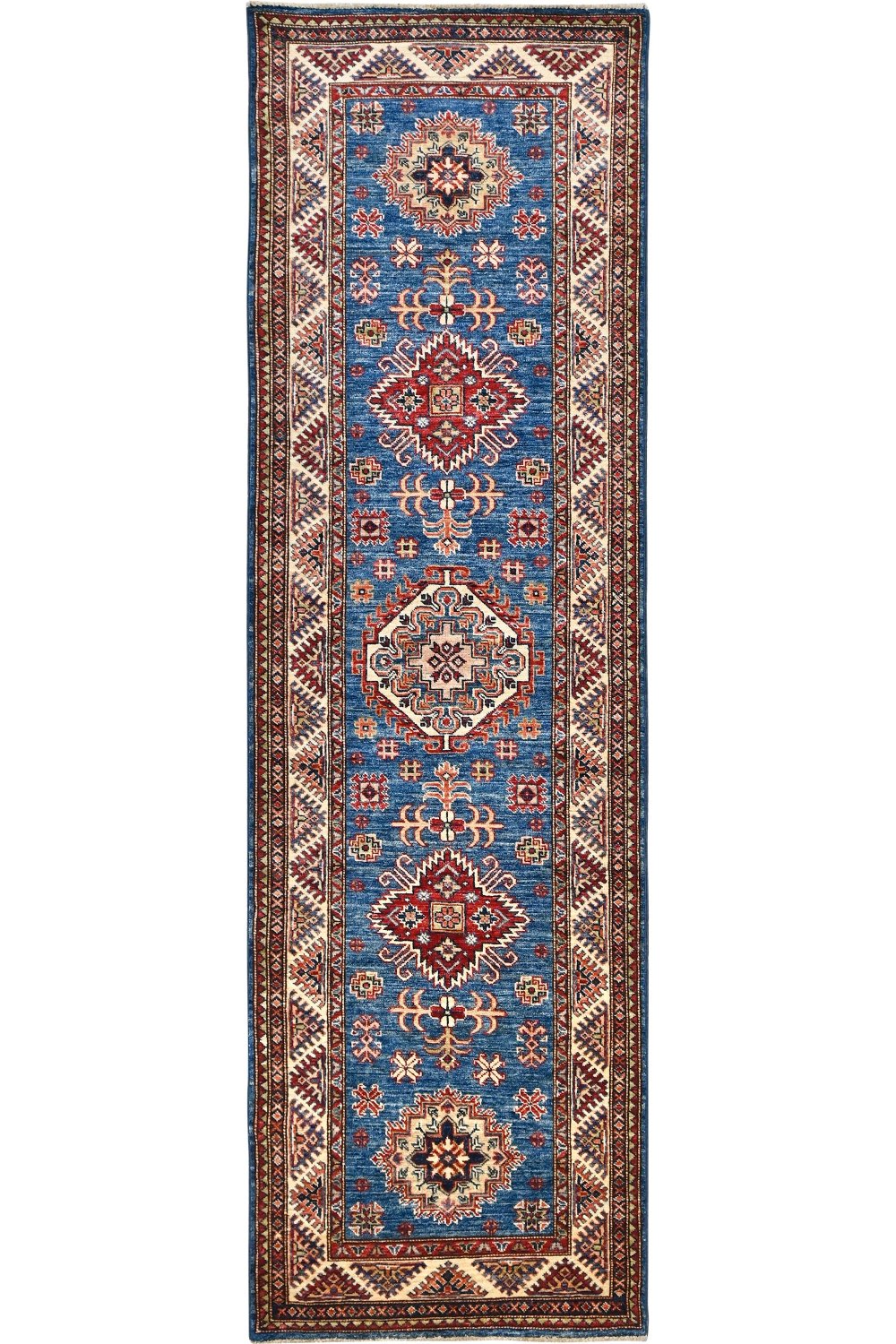 Hand Knotted Kazak Runner in Blue Color