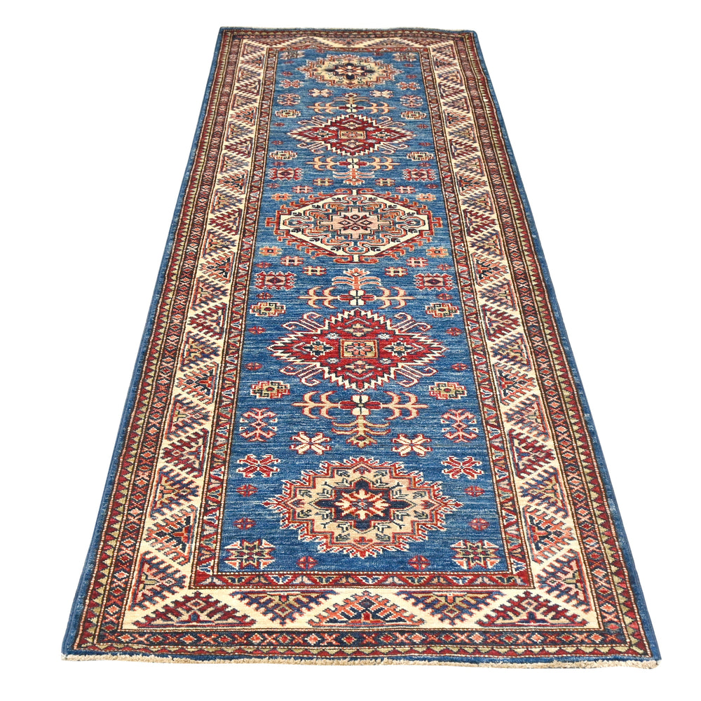 Hand Knotted Kazak Runner in Blue Color