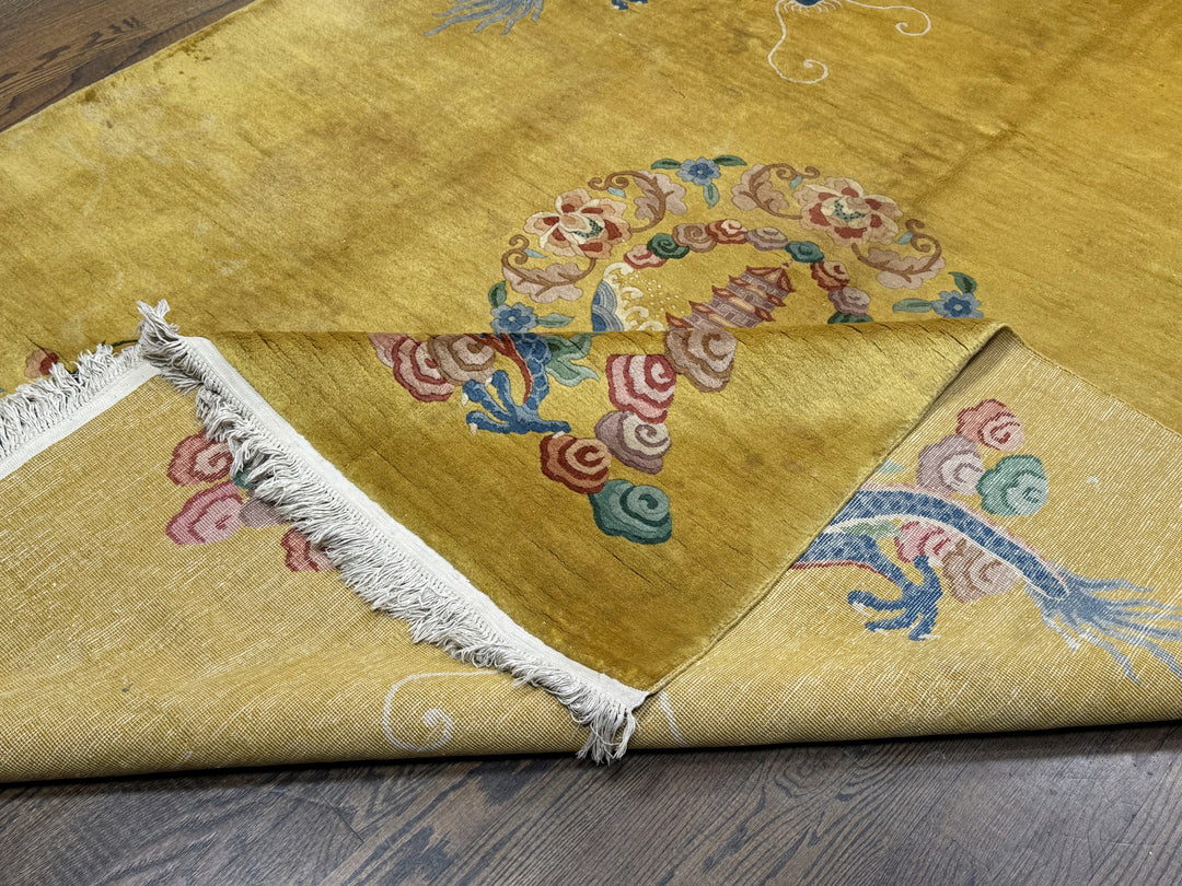 Oriental Chinese Art Deco Dragon Rug in beige 