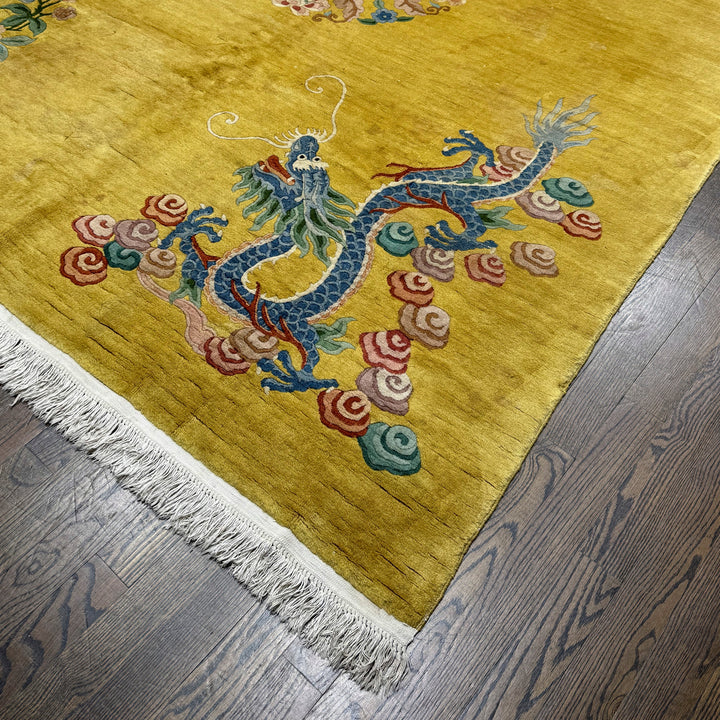 Oriental Chinese Art Deco Dragon Rug in beige 