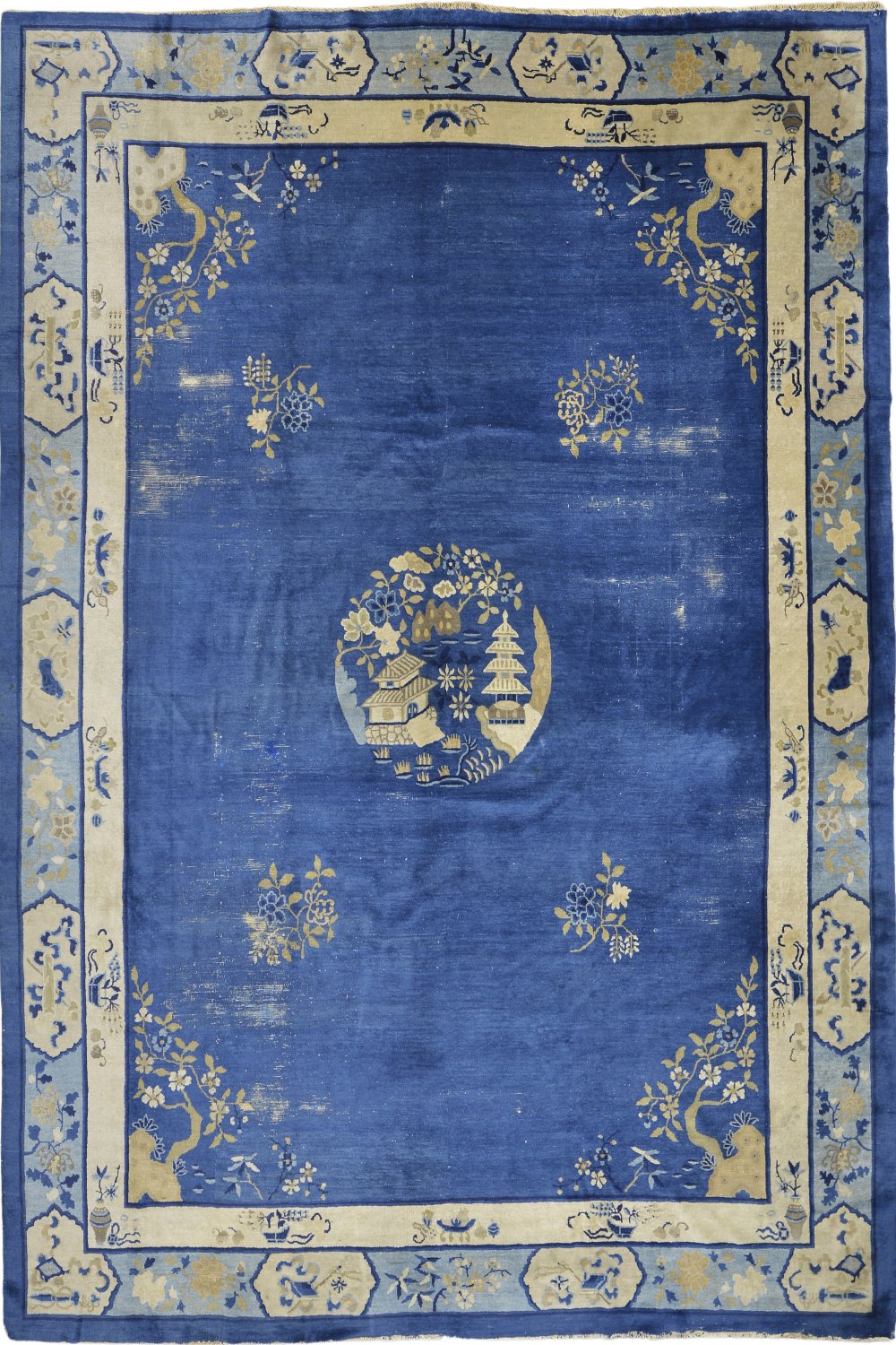 Antique Oriental Chinese Deco Rug in Blue