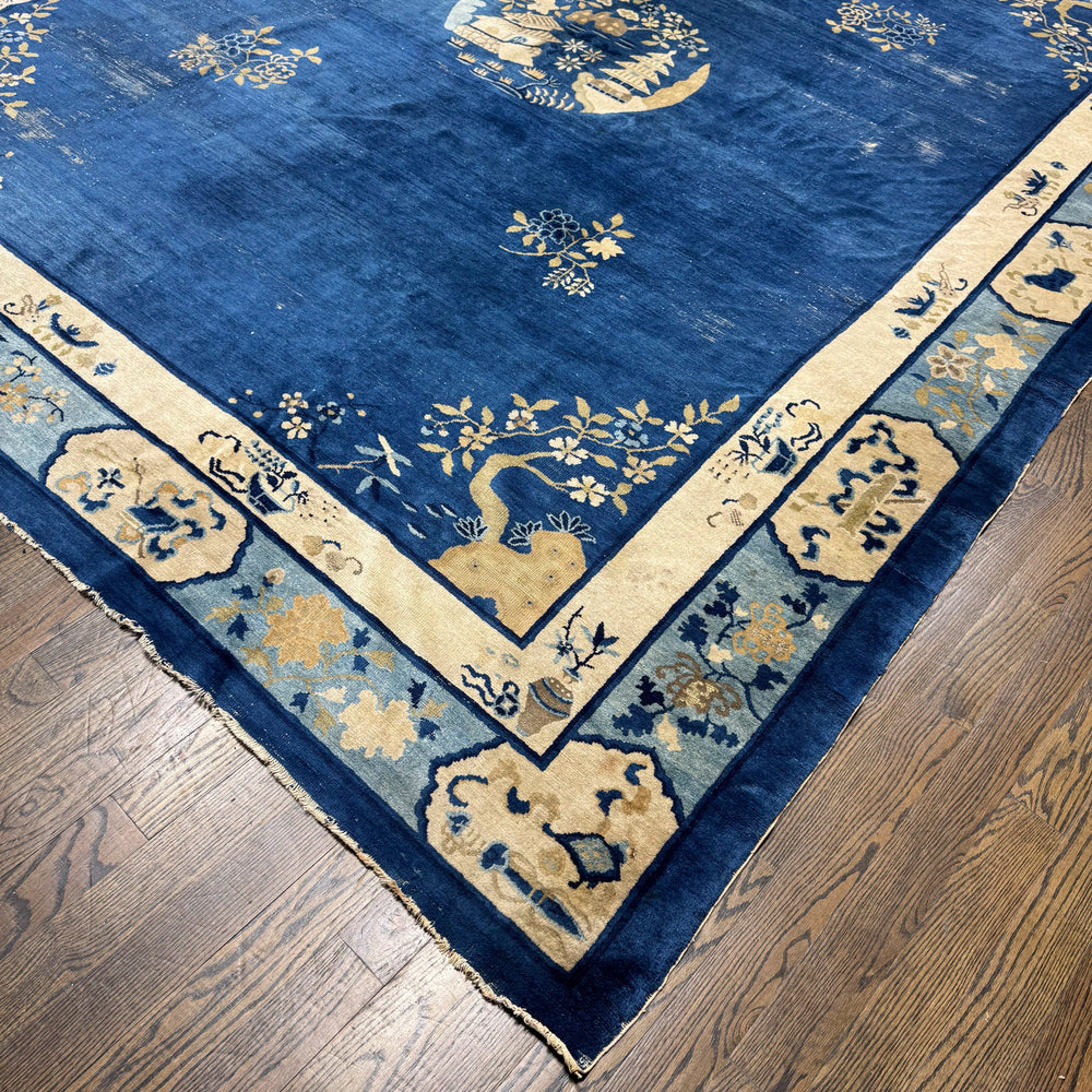 Antique Oriental Chinese Deco Rug in Blue