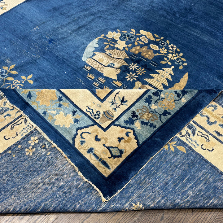 Antique Oriental Chinese Deco Rug in Blue