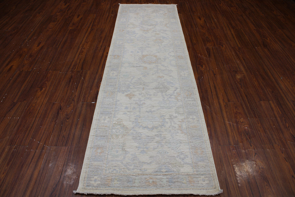 Hand Knotted Afghani Oushak Runner in neutral gray 