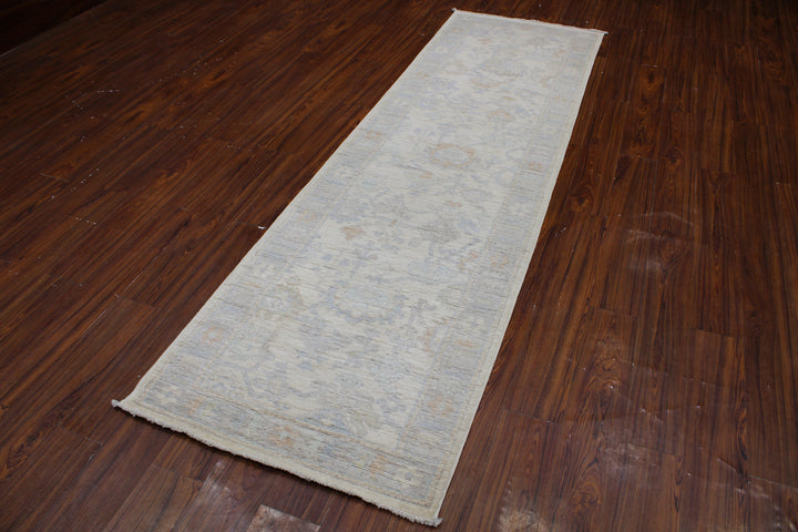 Hand Knotted Afghani Oushak Runner in neutral gray 