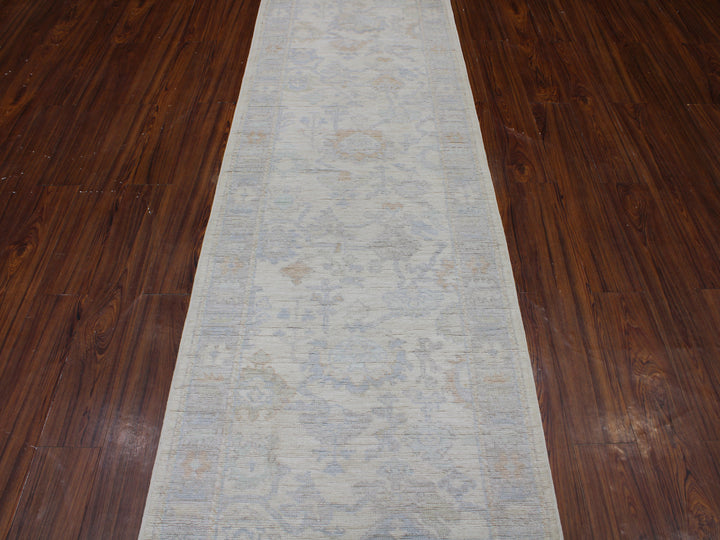 Hand Knotted Afghani Oushak Runner in neutral gray 