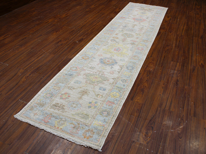 Hand Knotted Afghani Oushak Runner in neutral gray 