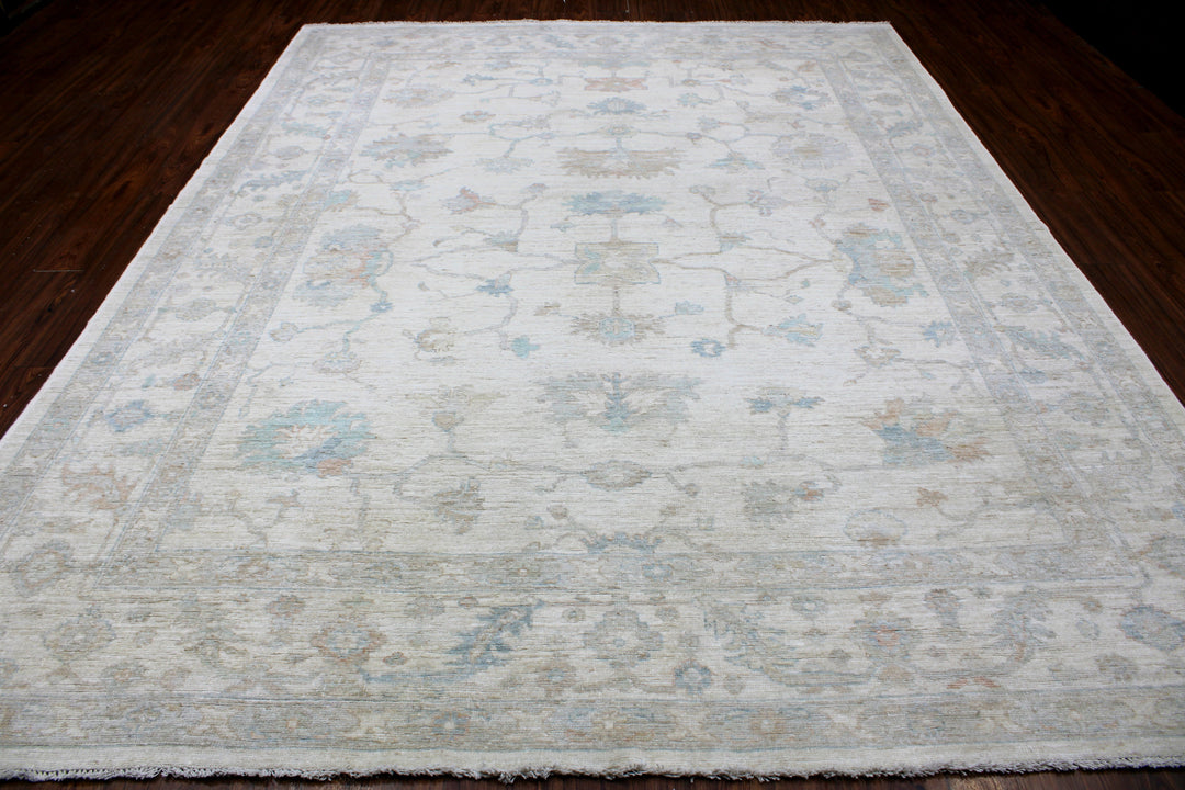 Hand Knotted Afghani Oushak Area Rug in neutral and gray 