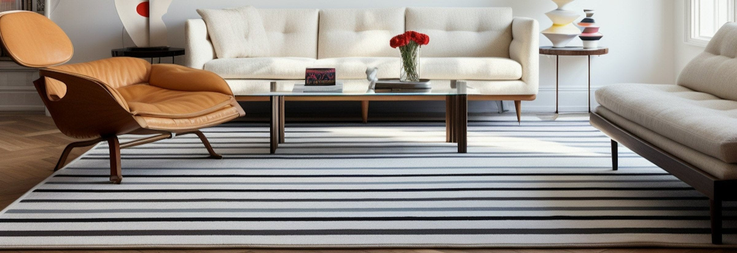 Mid Century Interior with a striped rug 