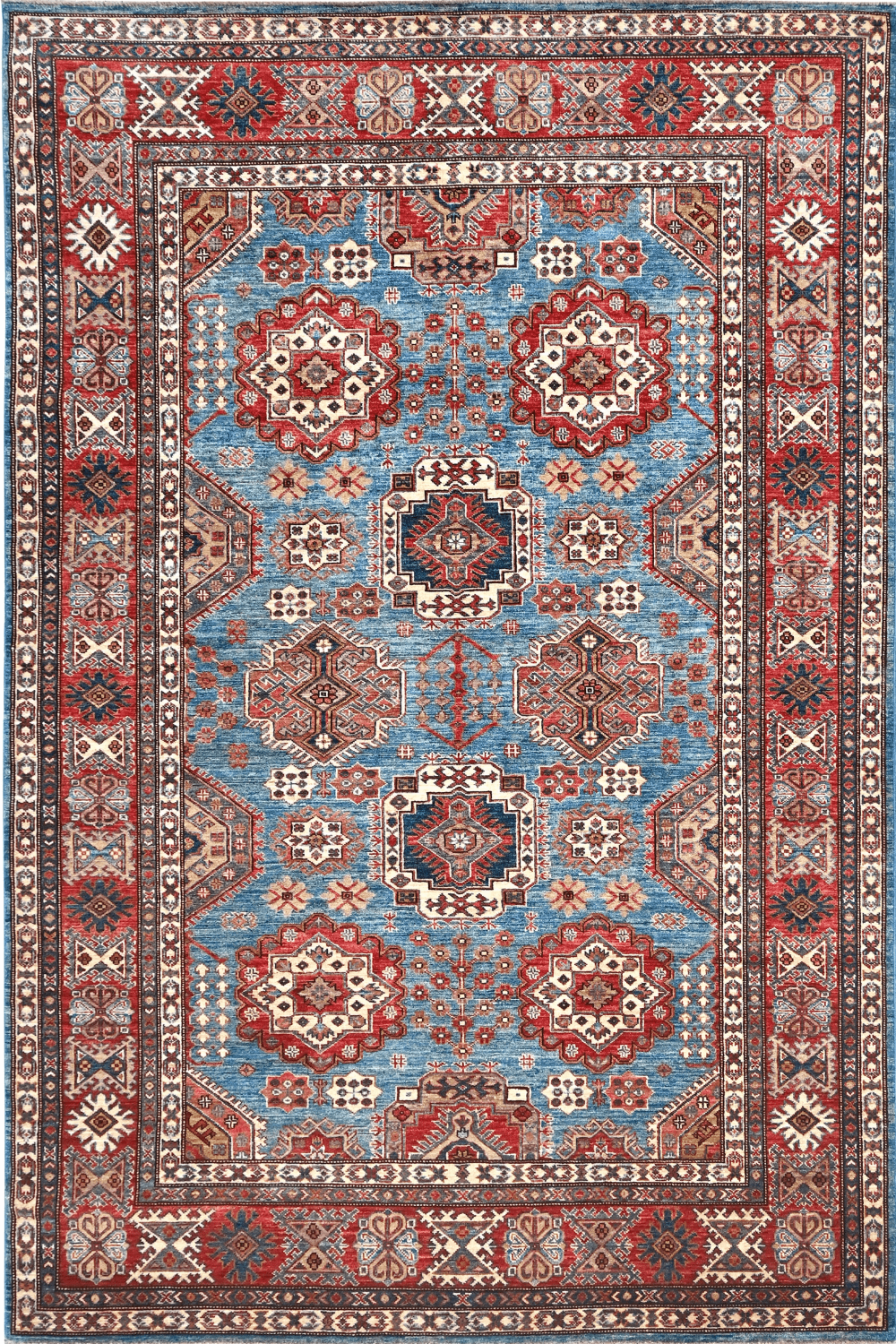 Hand Knotted Kazak Area Rug in Red & Blue